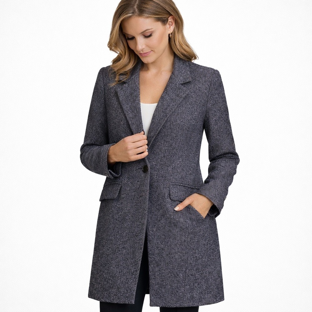 Cole‎ Haan Grey Wool Blend Herringbone Coat Women's 4 Classic Long Jacket
